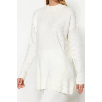 Kadın Modern Tarz Rahat Uzun Bisiklet Yaka Düz Kol Midi Triko Kazak