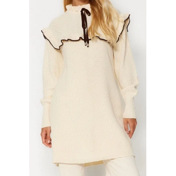 Kadın Modern Tarz Rahat Uzun Dik Yaka Saç Örgü Kol Regular Triko Örgü Kazak