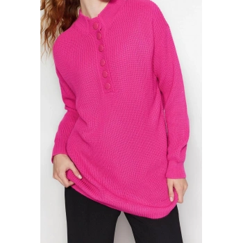 Kadın Modern Tarz Rahat Uzun Düğmeli Yaka Düz Kol Regular Triko Kazak