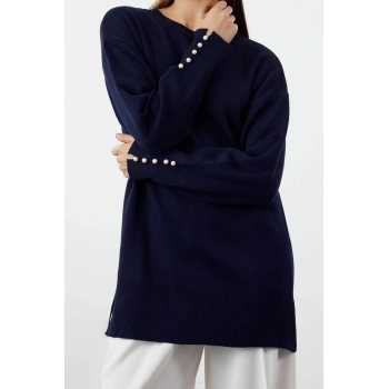 Kadın Modern Tarz Rahat Uzun Bisiklet Yaka Düz Kol Regular Triko Kazak