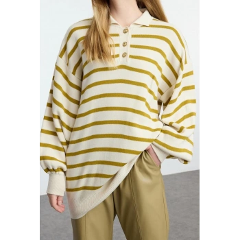 Kadın Modern Tarz Rahat Uzun Polo Yaka Çizgili Kol Regular Triko Kazak