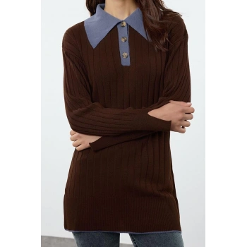 Kadın Modern Tarz Rahat Uzun Polo Yaka Dokulu Kol Regular Triko Kazak