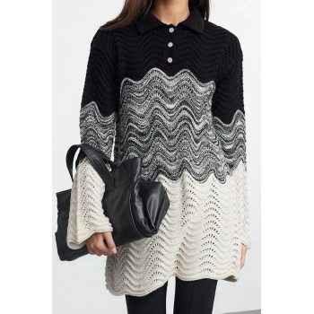 Kadın Modern Tarz Rahat Uzun Polo Yaka Renk Bloklu Kol Regular Triko Kazak