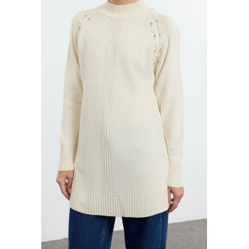 Kadın Modern Tarz Rahat Uzun Dik Yaka Düz Kol Regular Triko Kazak