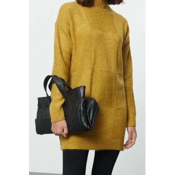 Kadın Modern Tarz Rahat Uzun Dik Yaka Geometrik Kol Midi Triko Kazak