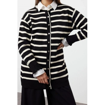 Kadın Modern Tarz Rahat Uzun Bisiklet Yaka Çizgili Kol Regular Triko Hırka