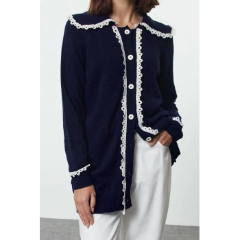 Kadın Modern Tarz Rahat Uzun Bebe Yaka Düz Kol Regular Triko Hırka