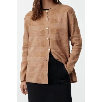 Kadın Modern Tarz Rahat Uzun Bisiklet Yaka Dokulu Kol Regular Triko Hırka