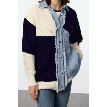 Kadın Modern Tarz Rahat Uzun Gömlek Yaka Renk Bloklu Kol Uzun Triko Hırka