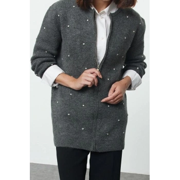 Kadın Modern Tarz Rahat Uzun Bisiklet Yaka Düz Kol Uzun Triko Hırka