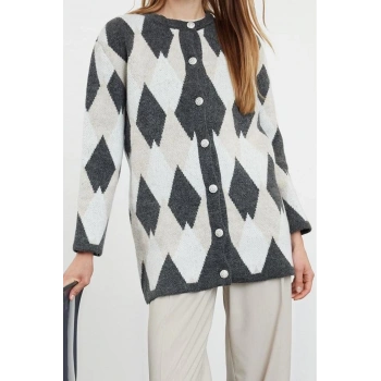 Kadın Modern Tarz Rahat Uzun Bisiklet Yaka Baklava Kol Uzun Triko Hırka