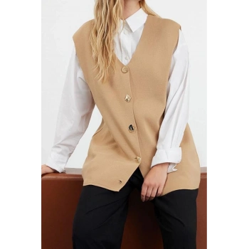 Kadın Modern Tarz Rahat Uzun V Yaka Düz Kol Regular Triko Süveter Yelek