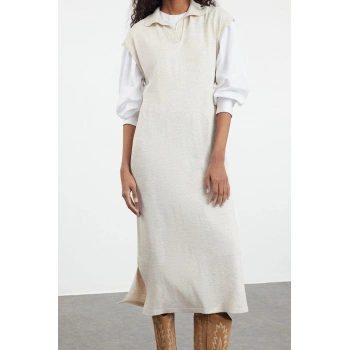 Kadın Modern Tarz Rahat Uzun Polo Yaka Düz Kol Uzun Triko Süveter Elbise