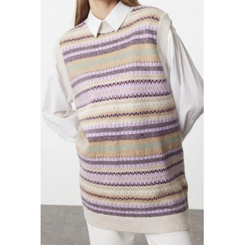 Kadın Modern Tarz Rahat Uzun Bisiklet Yaka Geometrik Kol Regular Triko Süveter