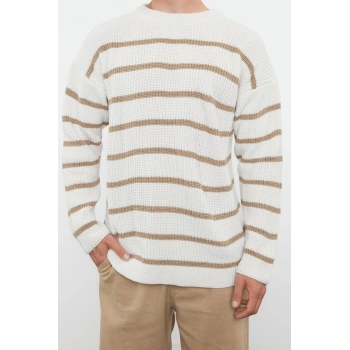 Erkek Modern Tarz Rahat Uzun Bisiklet Yaka Çizgili Kol Regular Triko Kazak