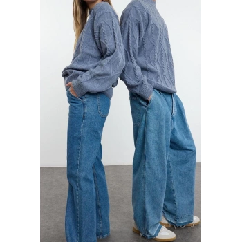 Erkek Modern Tarz Rahat Uzun Bisiklet Yaka Saç Örgü Kol Regular Triko Kazak