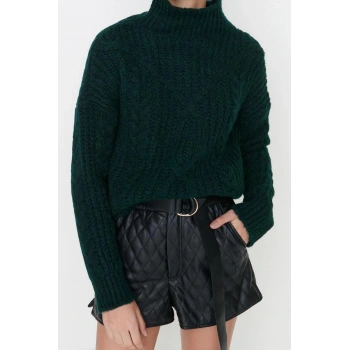 Kadın Modern Tarz Rahat Uzun Dik Yaka Dokulu Kol Regular Triko Kazak