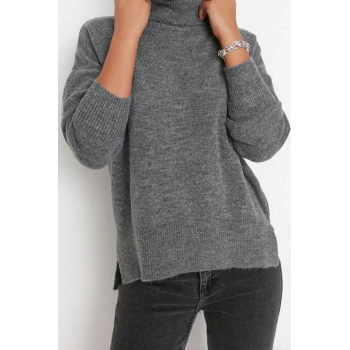 Kadın Modern Tarz Rahat Uzun Balıkçı Yaka Düz Kol Regular Triko Kazak
