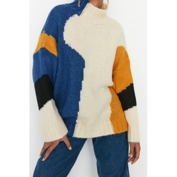 Kadın Modern Tarz Rahat Uzun Dik Yaka Renk Bloklu Kol Regular Triko Kazak