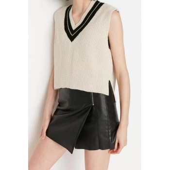 Kadın Modern Tarz Rahat Kolsuz V Yaka Renk Bloklu Kol Crop Triko Süveter