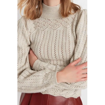 Kadın Modern Tarz Rahat Uzun Dik Yaka Ajurlu Kol Regular Triko Kazak