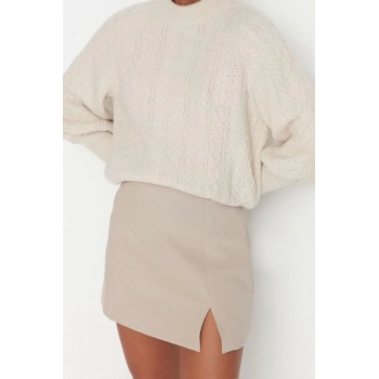 Kadın Modern Tarz Rahat Uzun Dik Yaka Saç Örgü Kol Regular Triko Kazak