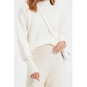 Kadın Modern Tarz Rahat Uzun Dik Yaka Saç Örgü Kol Regular Triko Kazak