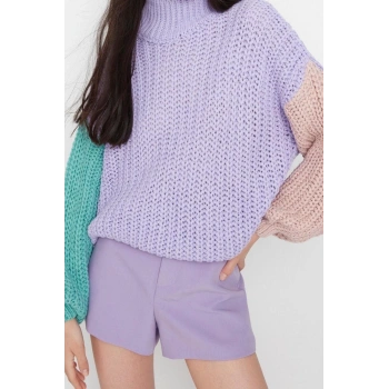 Kadın Modern Tarz Rahat Uzun Dik Yaka Renk Bloklu Kol Regular Triko Kazak