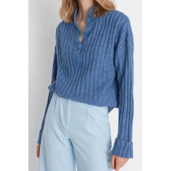 Kadın Modern Tarz Rahat Uzun Dik Yaka Düz Kol Regular Triko Kazak