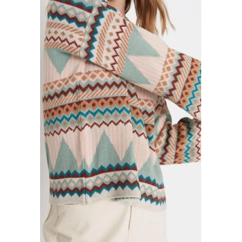 Kadın Modern Tarz Rahat Uzun Bisiklet Yaka Etnik Kol Regular Triko Kazak