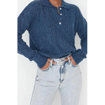 Kadın Modern Tarz Rahat Uzun Polo Yaka Saç Örgü Kol Regular Triko Kazak