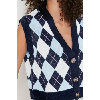 Kadın Modern Tarz Rahat Kolsuz V Yaka Baklava Kol Crop Triko Yelek