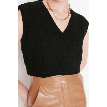 Kadın Modern Tarz Rahat Kolsuz V Yaka Saç Örgü Kol Crop Triko Süveter