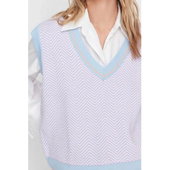 Kadın Modern Tarz Rahat Kolsuz V Yaka Geometrik Kol Regular Triko Süveter