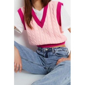 Kadın Modern Tarz Rahat Kolsuz V Yaka Renk Bloklu Kol Crop Triko Süveter