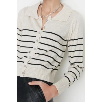 Kadın Modern Tarz Rahat Uzun Polo Yaka Çizgili Kol Regular Triko Hırka