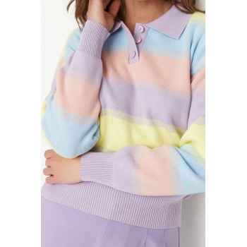 Kadın Modern Tarz Rahat Uzun Polo Yaka Renk Bloklu Kol Regular Triko Kazak