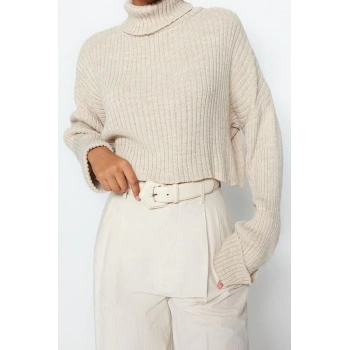 Kadın Modern Tarz Rahat Uzun Balıkçı Yaka Düz Kol Crop Triko Kazak