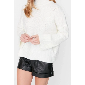 Kadın Modern Tarz Rahat Uzun Dik Yaka Düz Kol Regular Triko Kazak