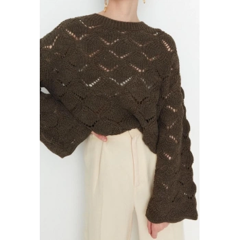 Kadın Modern Tarz Rahat Uzun Bisiklet Yaka Ajurlu Kol Regular Triko Kazak