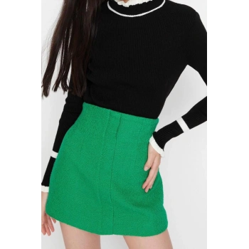 Kadın Modern Tarz Rahat Uzun Dik Yaka Renk Bloklu Kol Regular Triko Kazak