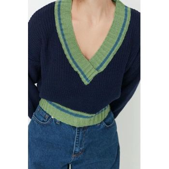 Kadın Modern Tarz Rahat Uzun V Yaka Renk Bloklu Kol Crop Triko Kazak