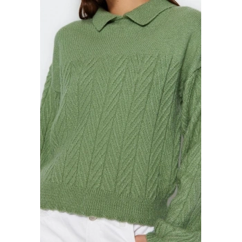 Kadın Modern Tarz Rahat Uzun Polo Yaka Saç Örgü Kol Regular Triko Kazak