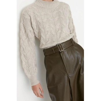 Kadın Modern Tarz Rahat Uzun Dik Yaka Saç Örgü Kol Crop Triko Kazak