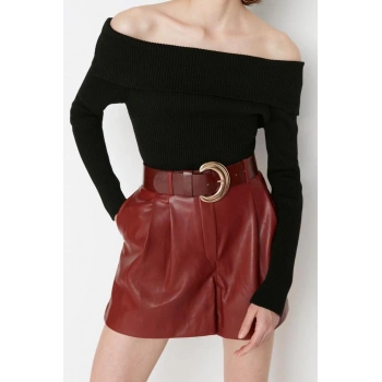 Kadın Modern Tarz Rahat Uzun Carmen Yaka Düz Kol Crop Triko Kazak