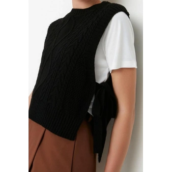 Kadın Modern Tarz Rahat Kolsuz Bisiklet Yaka Saç Örgü Kol Crop Triko Süveter