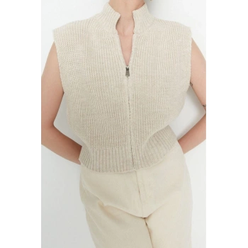 Kadın Modern Tarz Rahat Kolsuz Dik Yaka Düz Kol Crop Triko Yelek