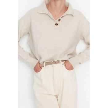 Kadın Modern Tarz Rahat Uzun Polo Yaka Düz Kol Regular Triko Kazak