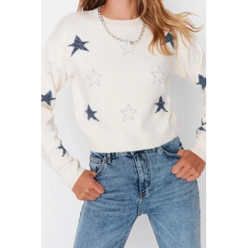 Kadın Modern Tarz Rahat Uzun Bisiklet Yaka Geometrik Kol Crop Triko Kazak