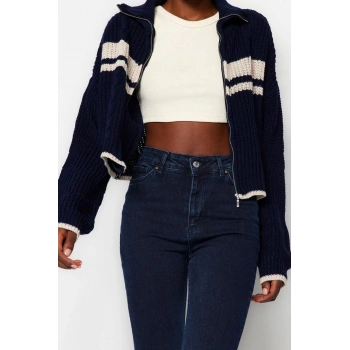 Kadın Modern Tarz Rahat Uzun Dik Yaka Renk Bloklu Kol Regular Triko Hırka